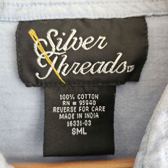 Vtg 90s Silver Threads Shirt Womens Sm Blue Denim Embroidered Western Button Up - Picture 4 of 9